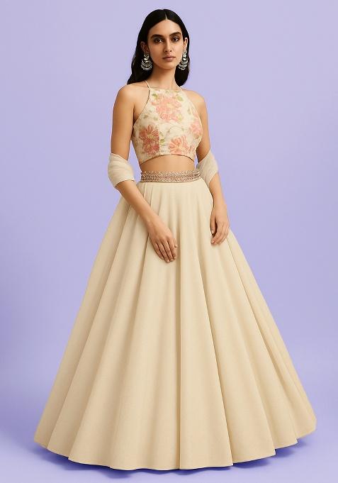 Cream Brocade Blouse Georgette Lehenga Set