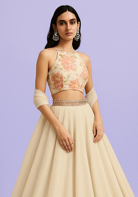 Cream Brocade Blouse Georgette Lehenga Set