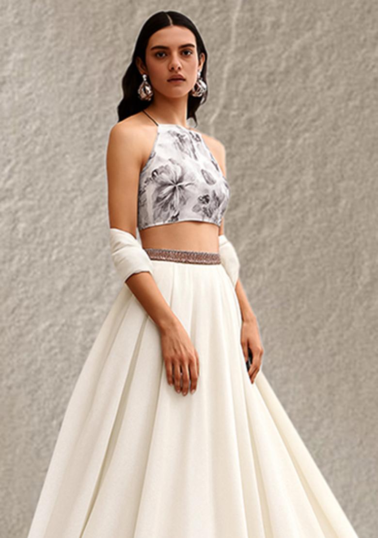 White Brocade Blouse Georgette Lehenga Set - Indya