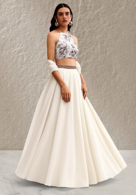 White Brocade Blouse Georgette Lehenga Set