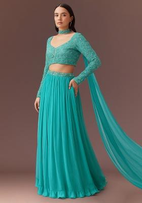 Aqua Blue Embellished Blouse Georgette Lehenga Set