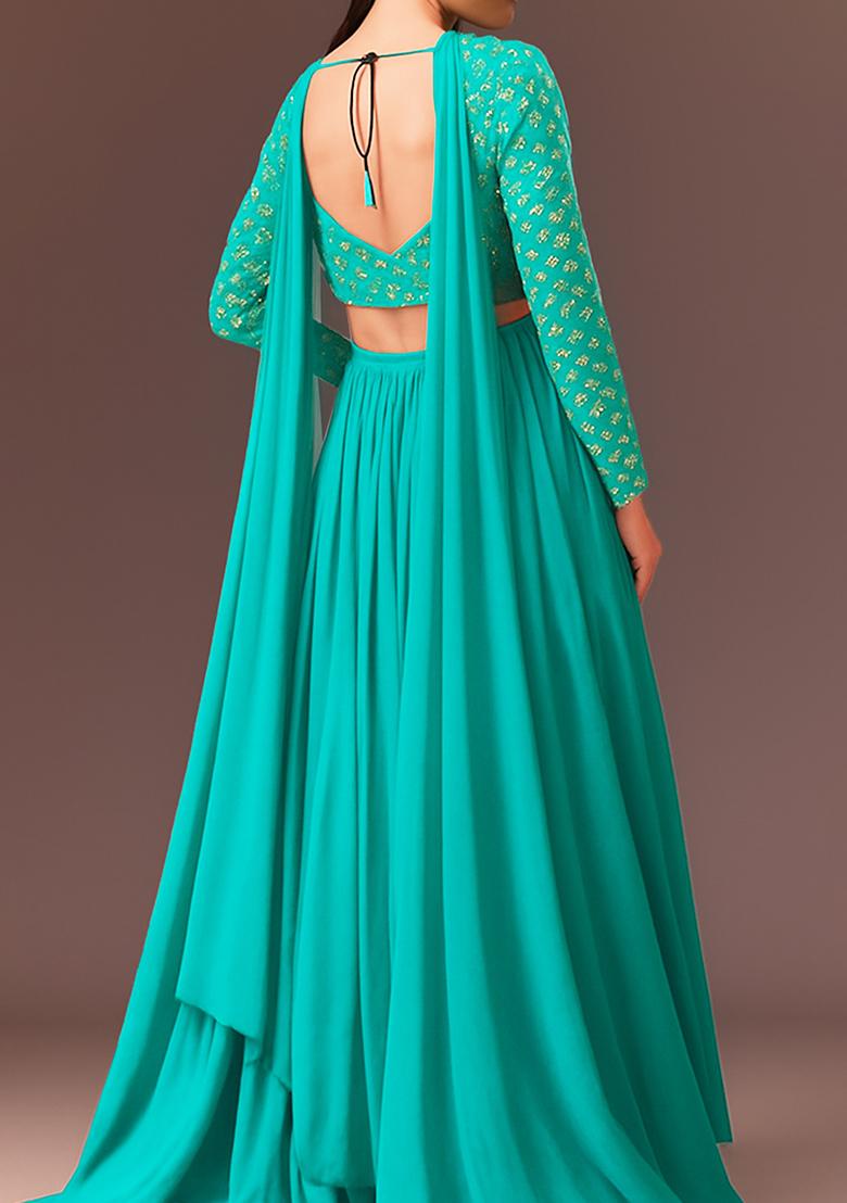 Aqua Blue Embellished Blouse Georgette Lehenga Set - Indya