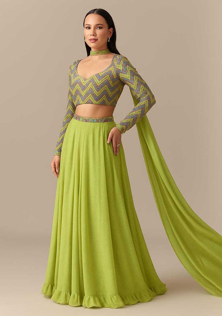 Light Green Embellished Blouse Georgette Lehenga Set