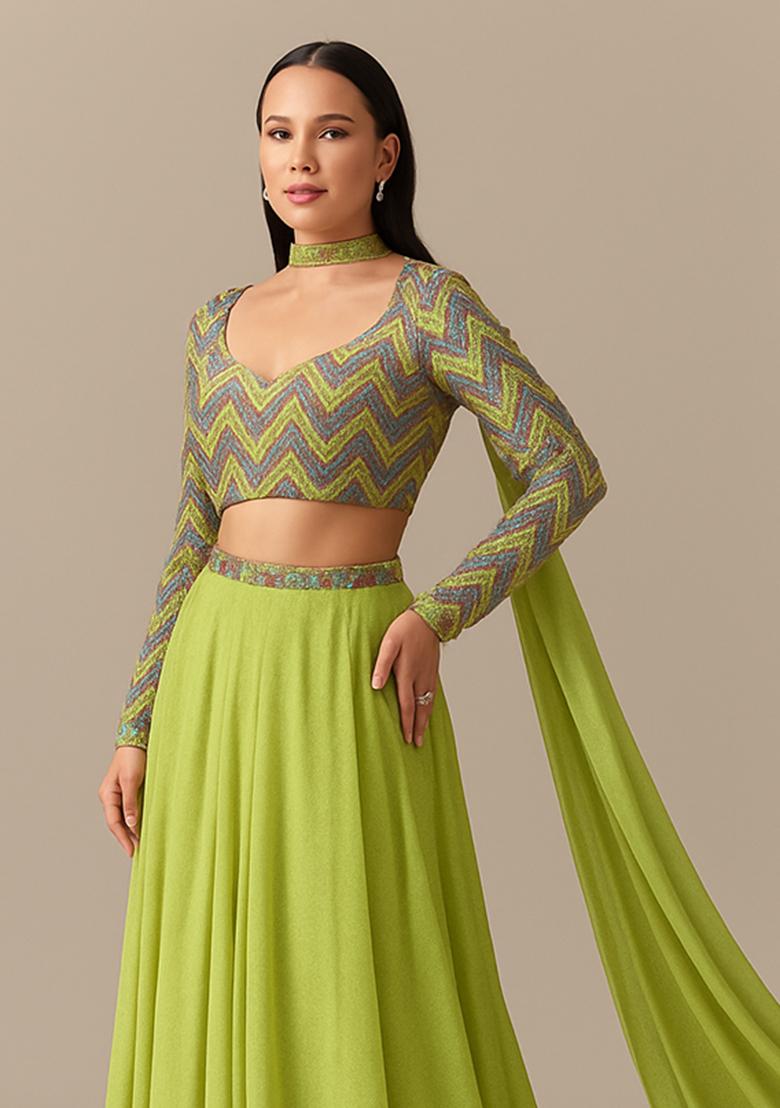 Light Green Embellished Blouse Georgette Lehenga Set