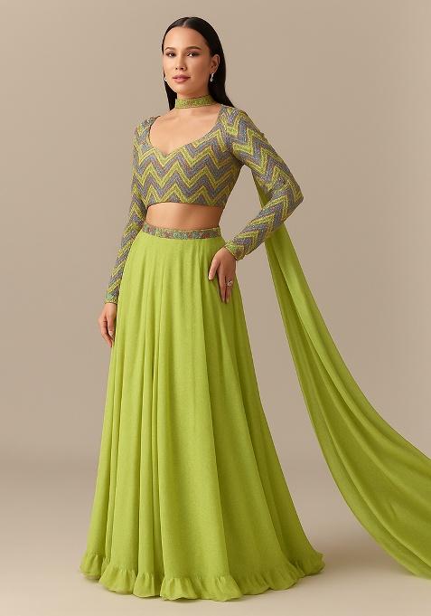 Light Green Embellished Blouse Georgette Lehenga Set