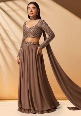 Brown Embellished Blouse Georgette Lehenga Set