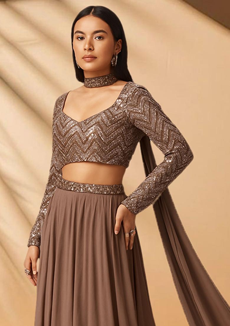 Brown Embellished Blouse Georgette Lehenga Set - Indya