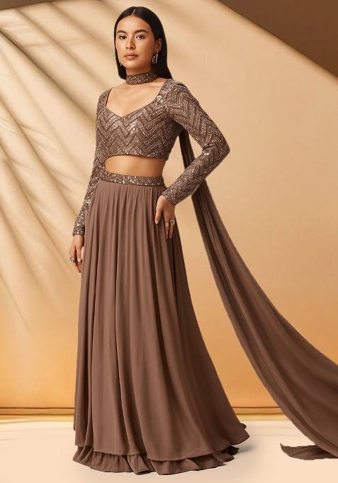 Brown Embellished Blouse Georgette Lehenga Set