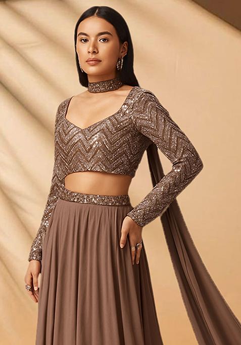 Brown Embellished Blouse Georgette Lehenga Set