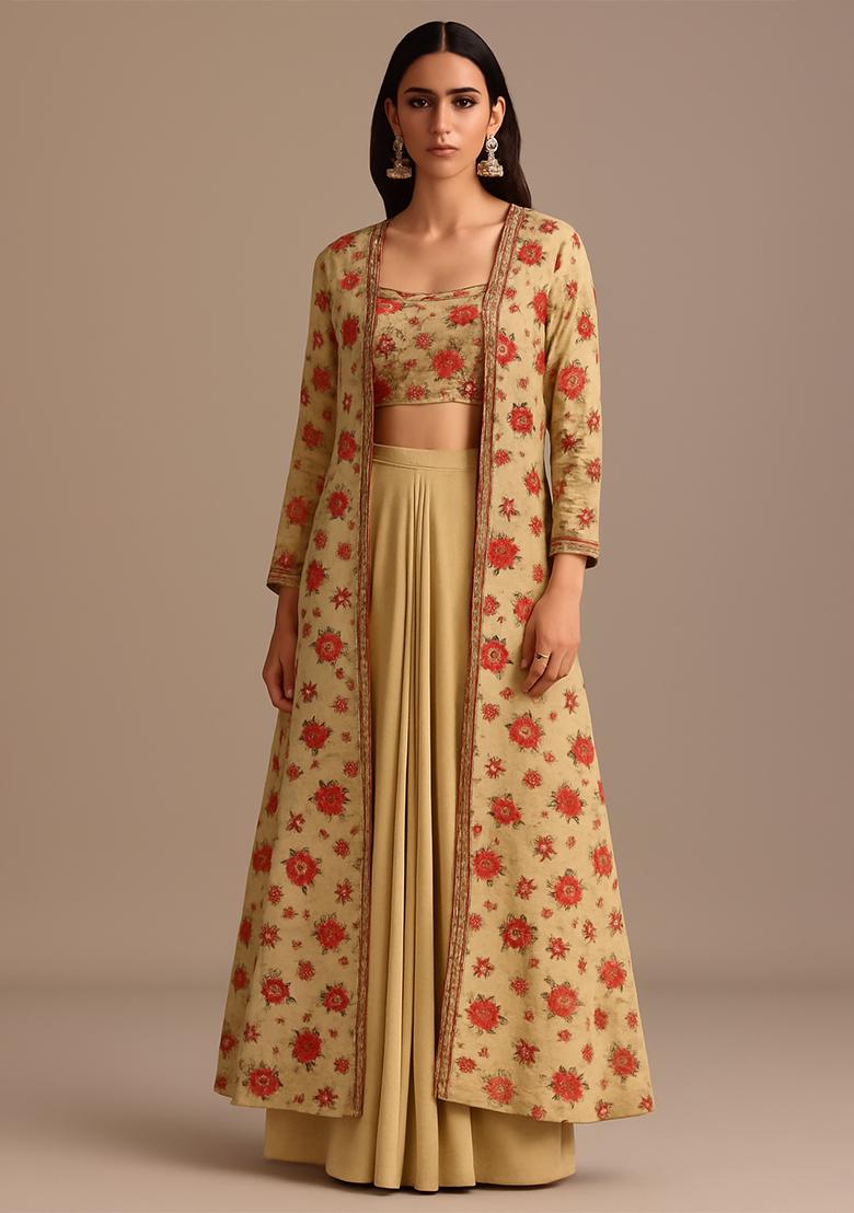 Cream Chinon Floral Printed Lehenga Set