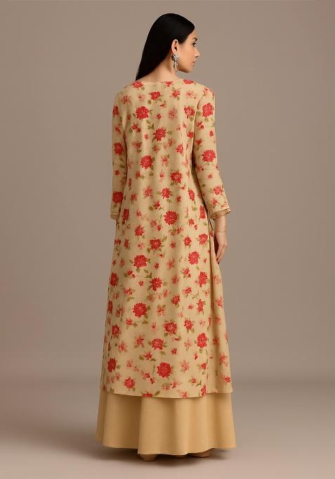 Cream Chinon Floral Printed Lehenga Set