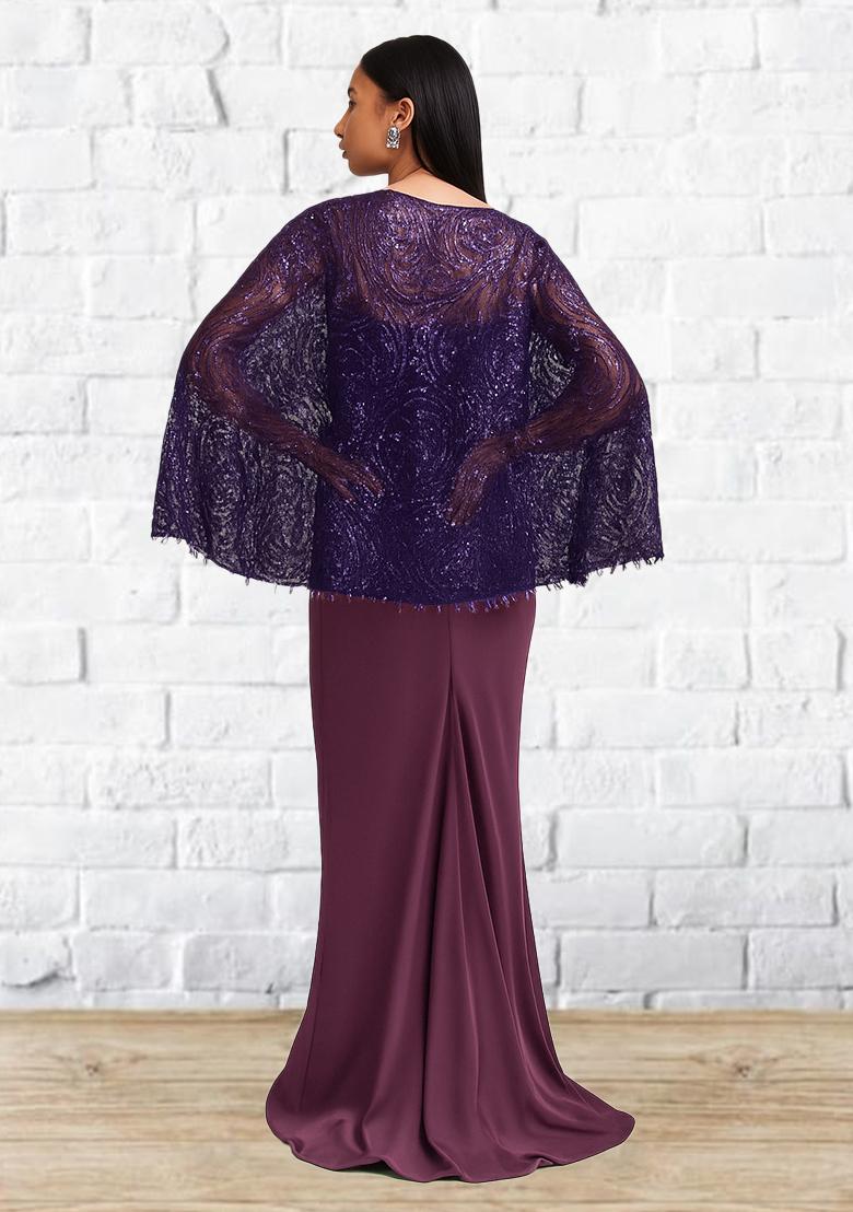 Purple Sequin Cape Satin Fusion Set - Indya