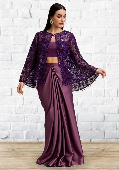 Purple Sequin Cape Satin Fusion Set