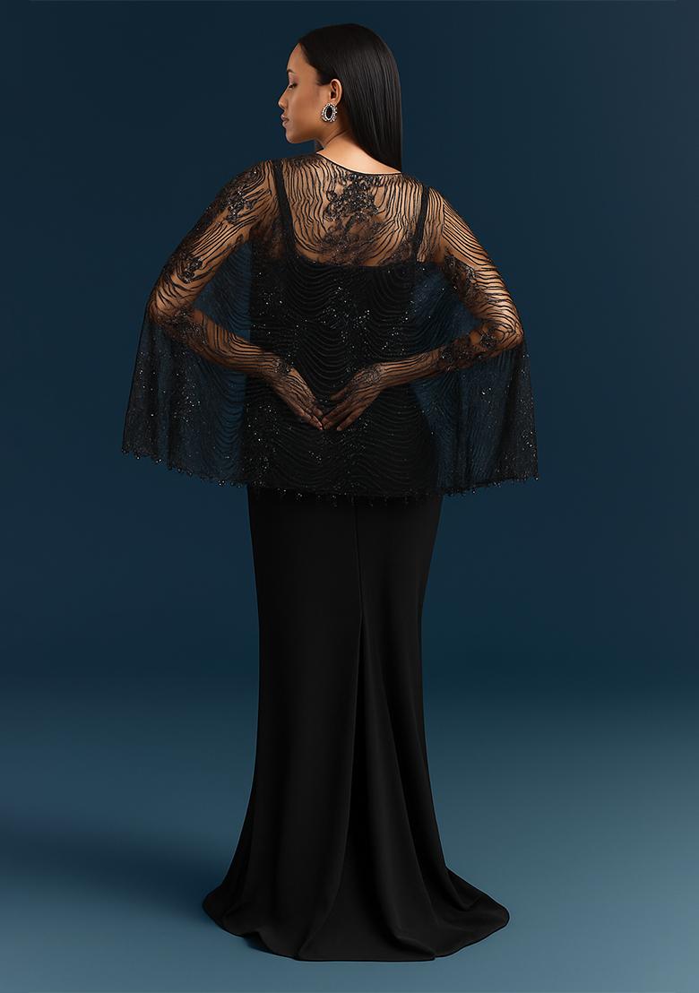 Black Sequin Cape Satin Fusion Set - Indya