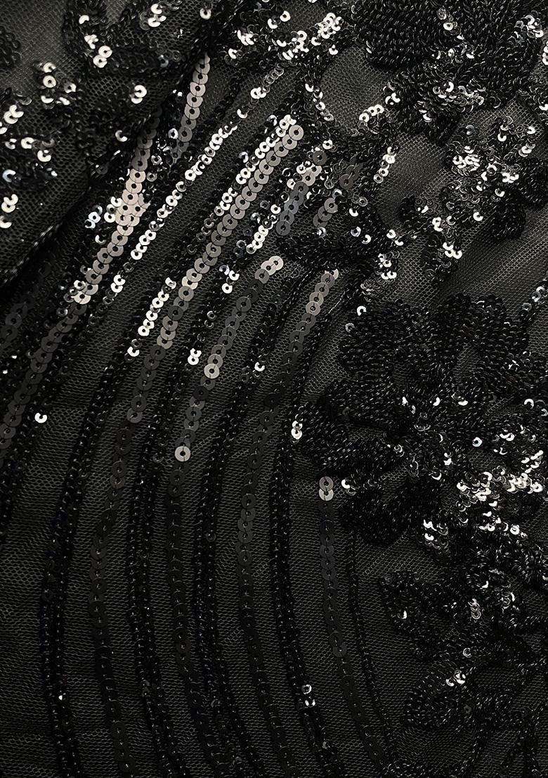 Black Sequin Cape Satin Fusion Set - Indya