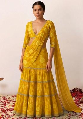 Yellow Floral Printed Chiffon Lehenga Set