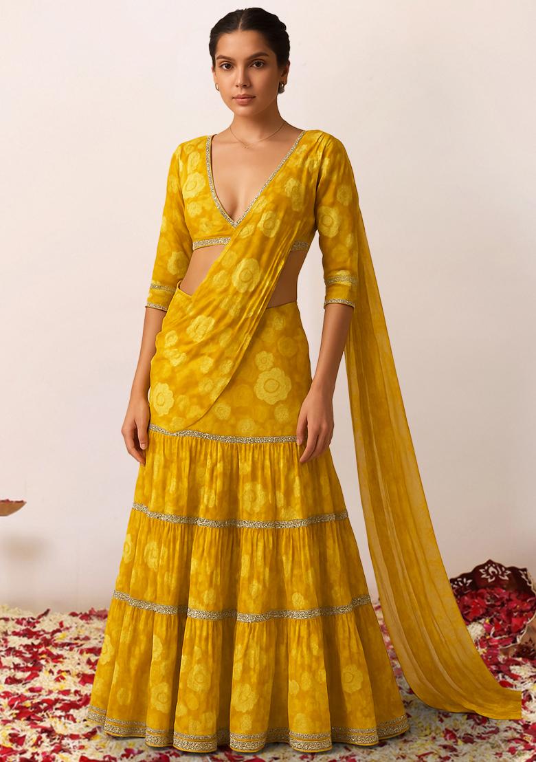 Yellow Floral Printed Chiffon Lehenga Set