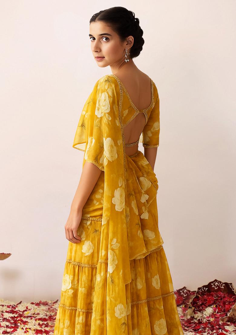 Yellow Floral Printed Chiffon Lehenga Set - Indya