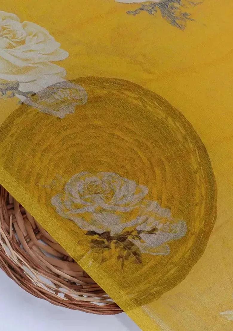 Yellow Floral Printed Chiffon Lehenga Set