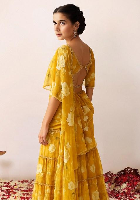 Yellow Floral Printed Chiffon Lehenga Set