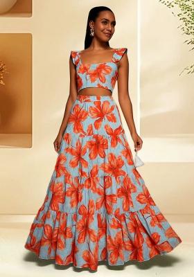 Light Blue Satin Floral Printed Fusion Set