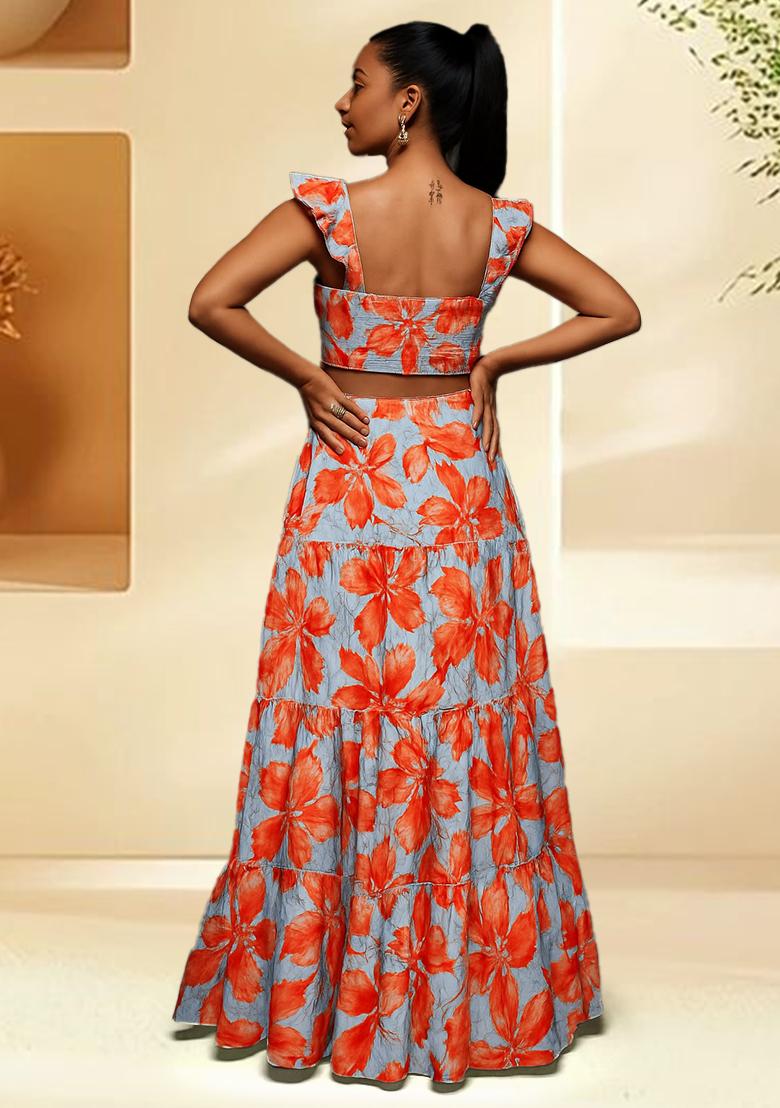 Light Blue Satin Floral Printed Fusion Set - Indya