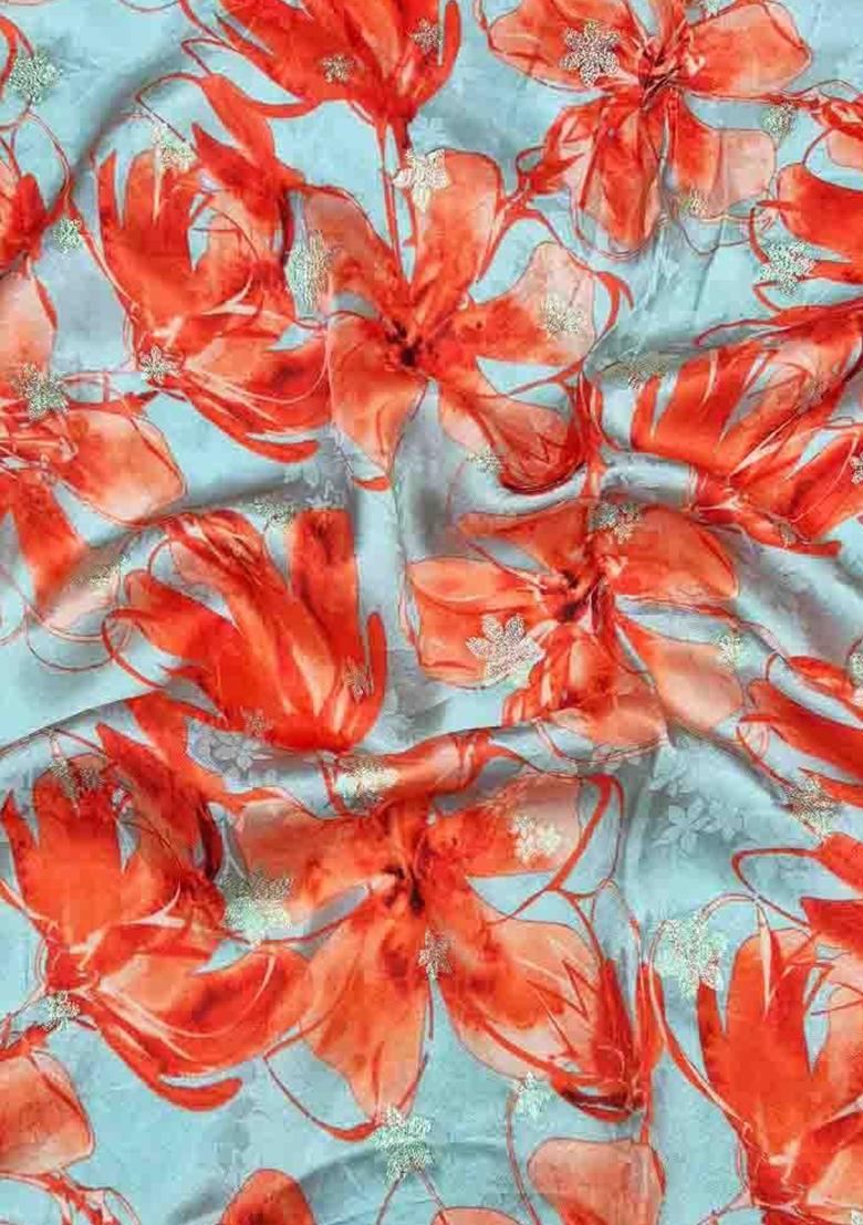 Light Blue Satin Floral Printed Fusion Set - Indya