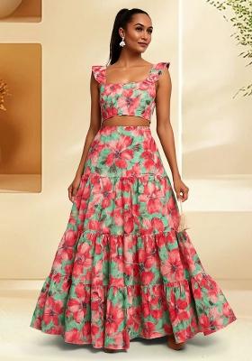 Teal Green Satin Floral Printed Fusion Set