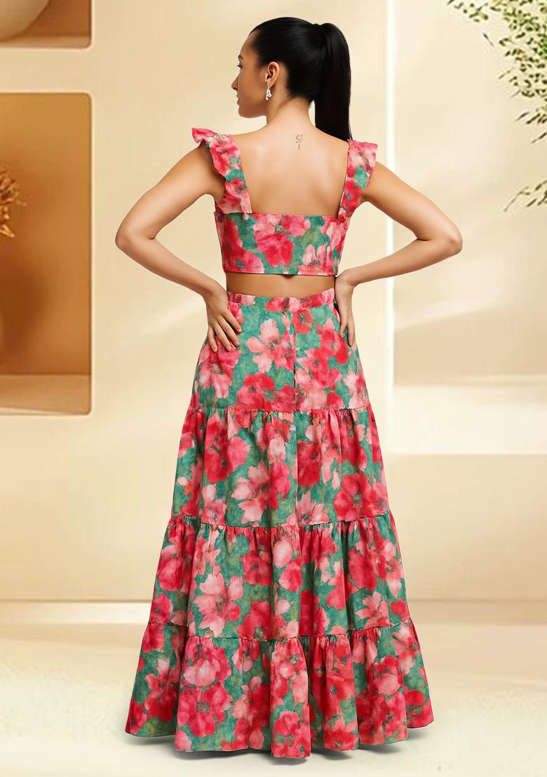 Teal Green Satin Floral Printed Fusion Set - Indya