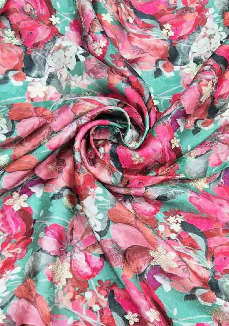 Teal Green Satin Floral Printed Fusion Set