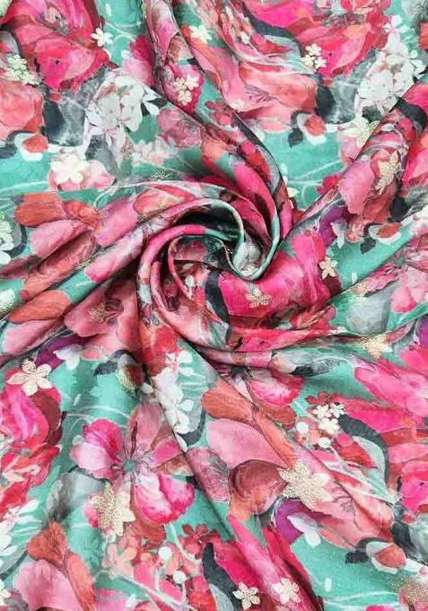 Teal Green Satin Floral Printed Fusion Set