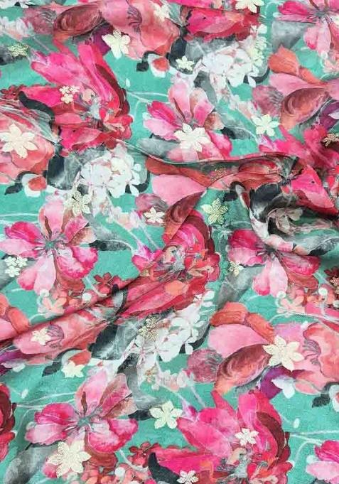 Teal Green Satin Floral Printed Fusion Set