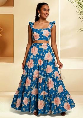 Blue Satin Floral Printed Fusion Set
