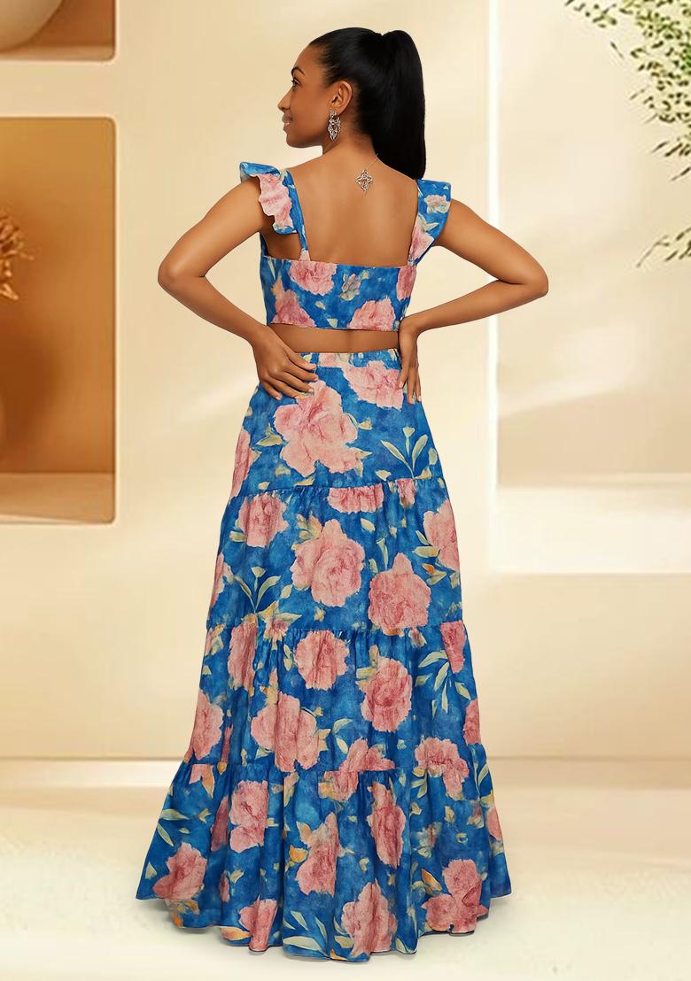 Blue Satin Floral Printed Fusion Set - Indya