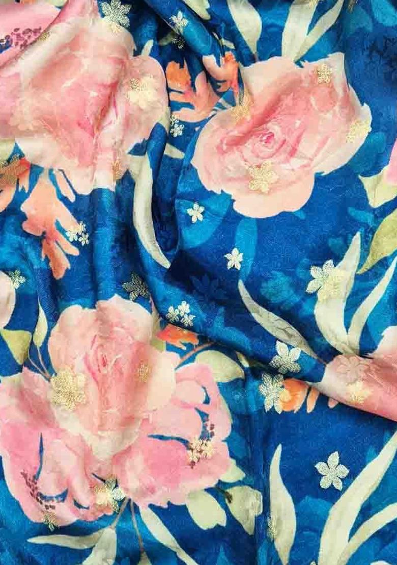 Blue Satin Floral Printed Fusion Set - Indya