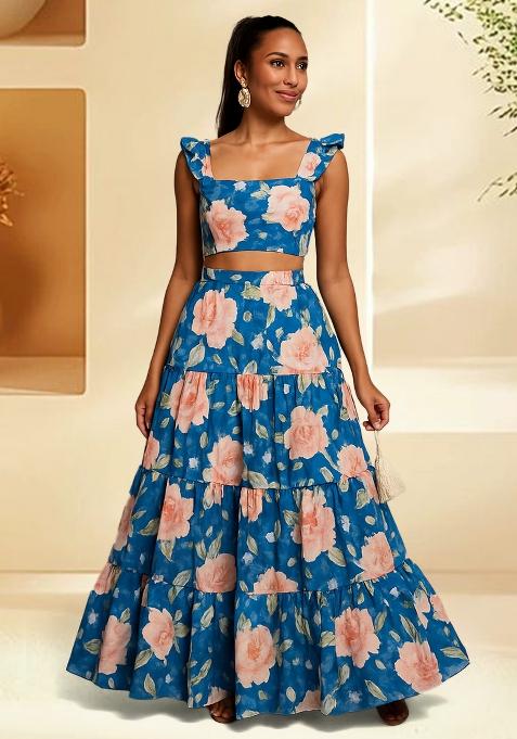 Blue Satin Floral Printed Fusion Set