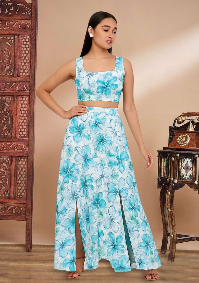 Blue Printed Embroidered Georgette Fusion Set - Indya