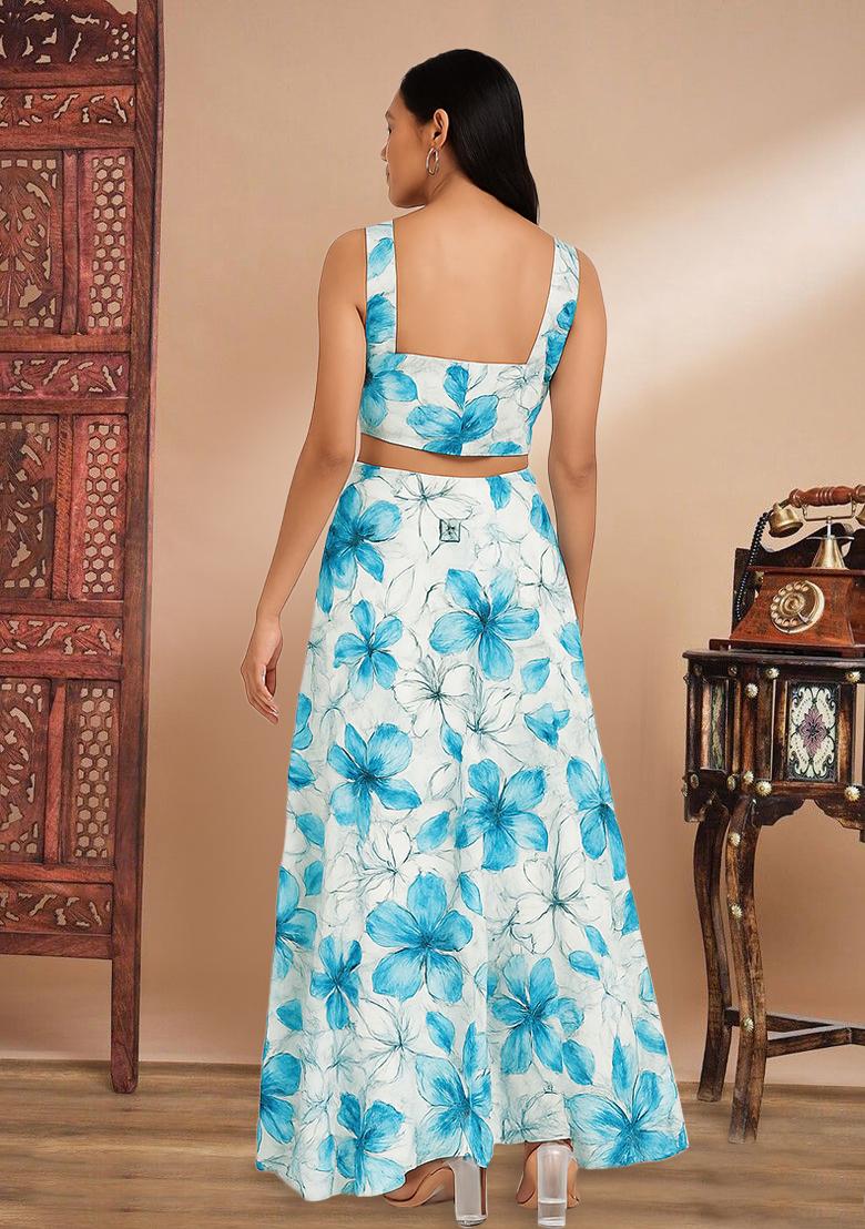 Blue Printed Embroidered Georgette Fusion Set - Indya