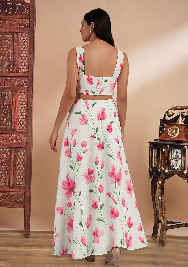 Off White Printed Embroidered Georgette Fusion Set - Indya