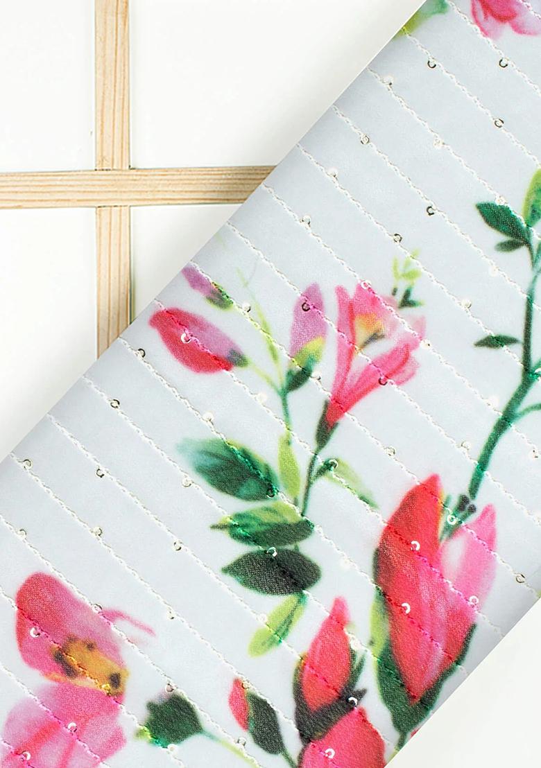 Off White Printed Embroidered Georgette Fusion Set - Indya