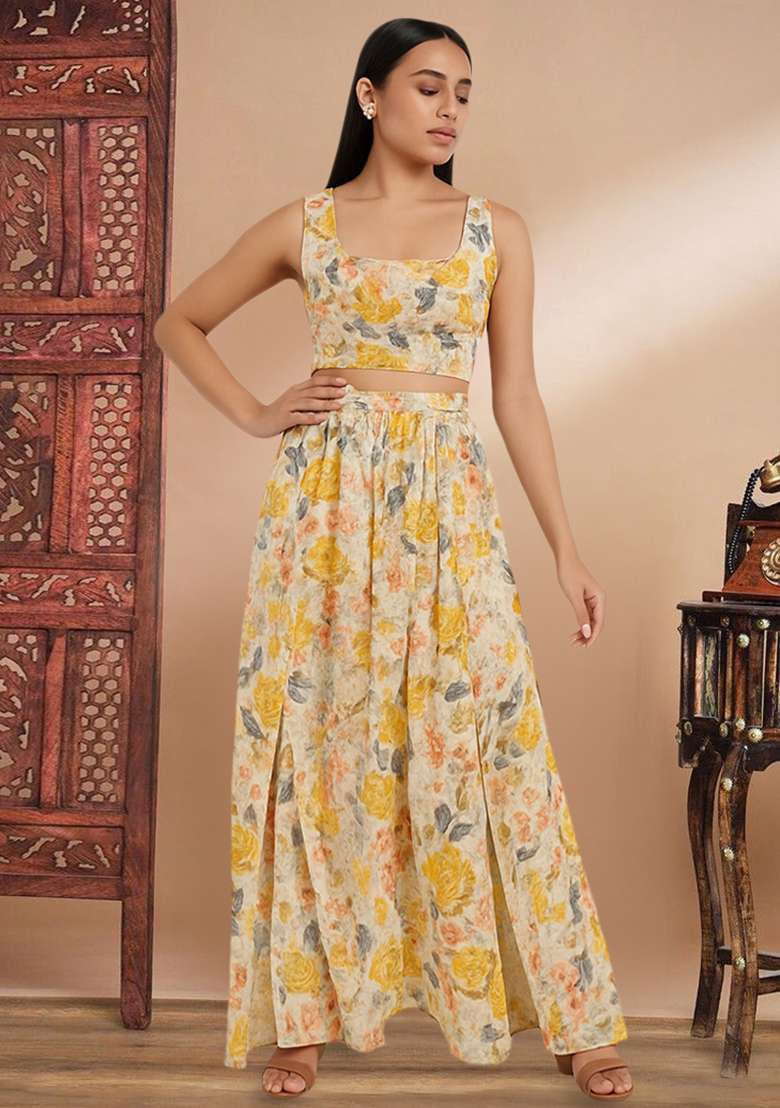 Beige Printed Embroidered Georgette Fusion Set - Indya