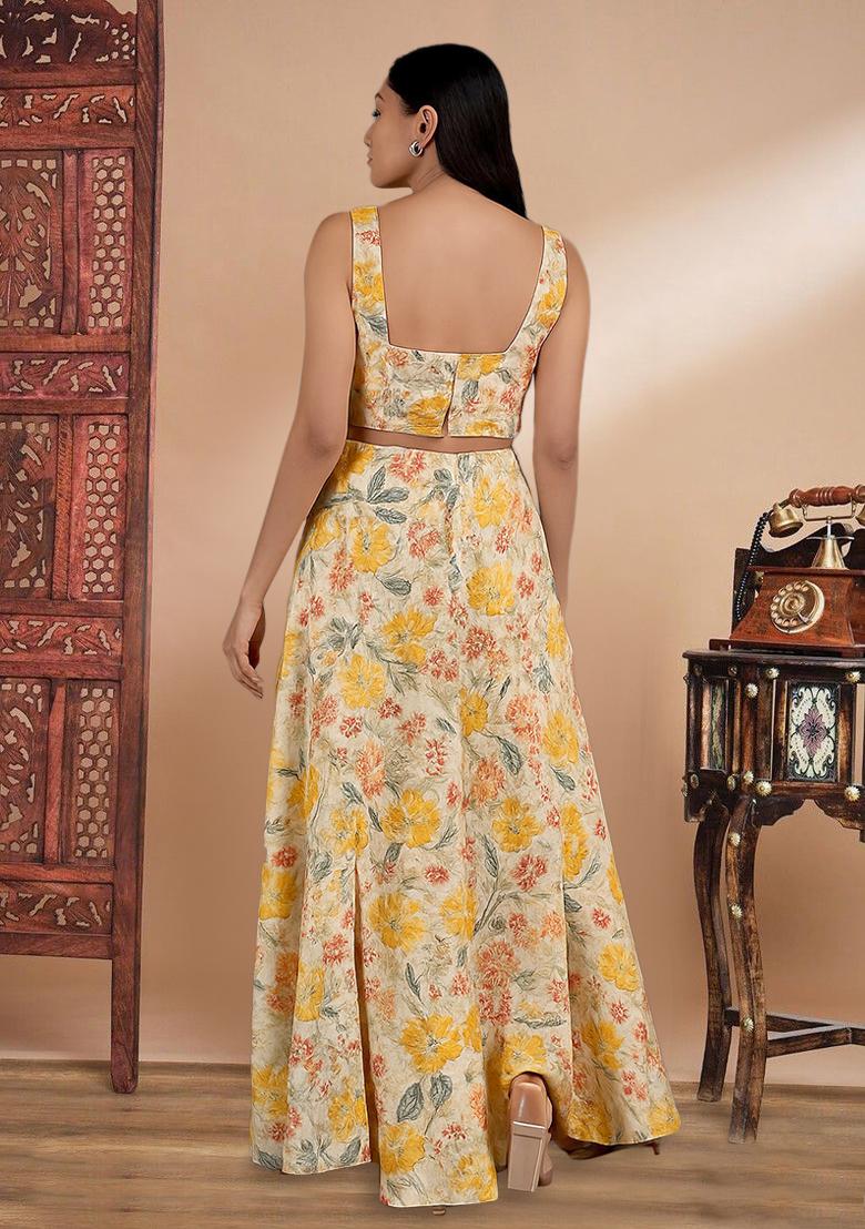 Beige Printed Embroidered Georgette Fusion Set - Indya