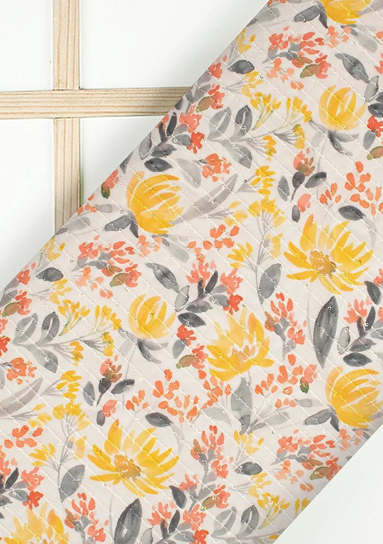 Beige Printed Embroidered Georgette Fusion Set - Indya