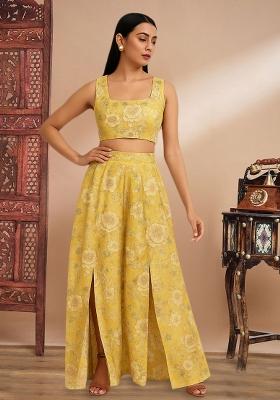 Mustard Yellow Printed Embroidered Georgette Fusion Set