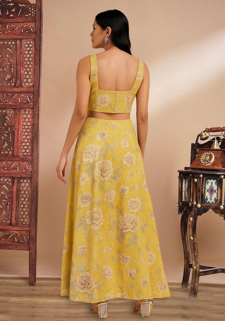 Mustard Yellow Printed Embroidered Georgette Fusion Set - Indya