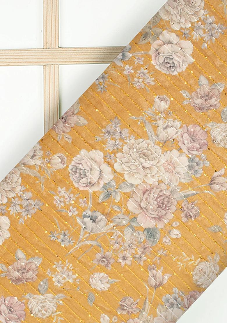 Mustard Yellow Printed Embroidered Georgette Fusion Set - Indya