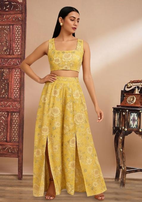 Mustard Yellow Printed Embroidered Georgette Fusion Set