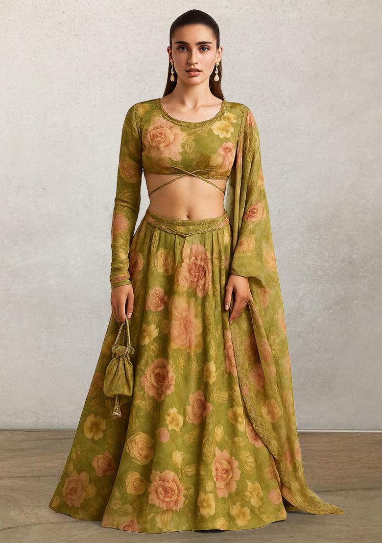 Olive Green Floral Printed Silk Lehenga Set