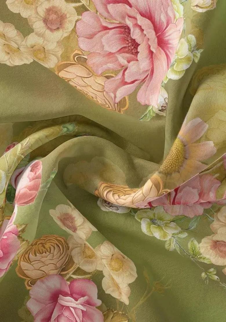 Olive Green Floral Printed Silk Lehenga Set