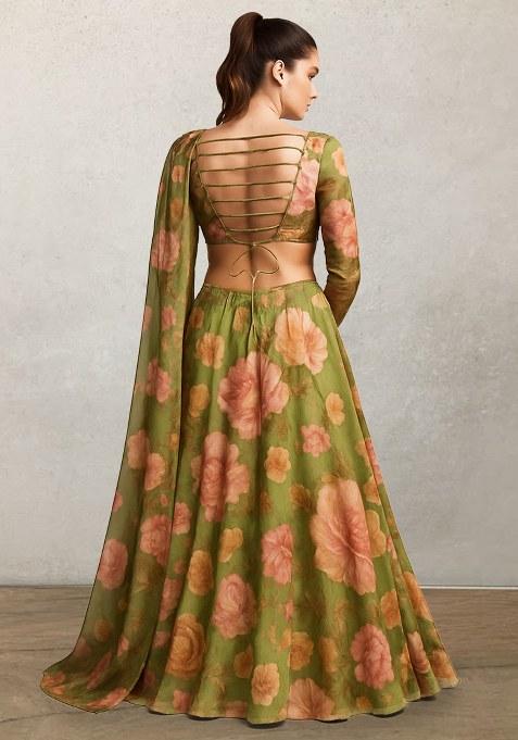 Olive Green Floral Printed Silk Lehenga Set